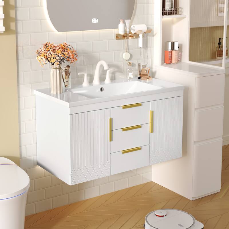 36'' Wall Mounted Bathroom Vanity with Resin Sink Bathroom Storage Cabinet with 2 Drawers
