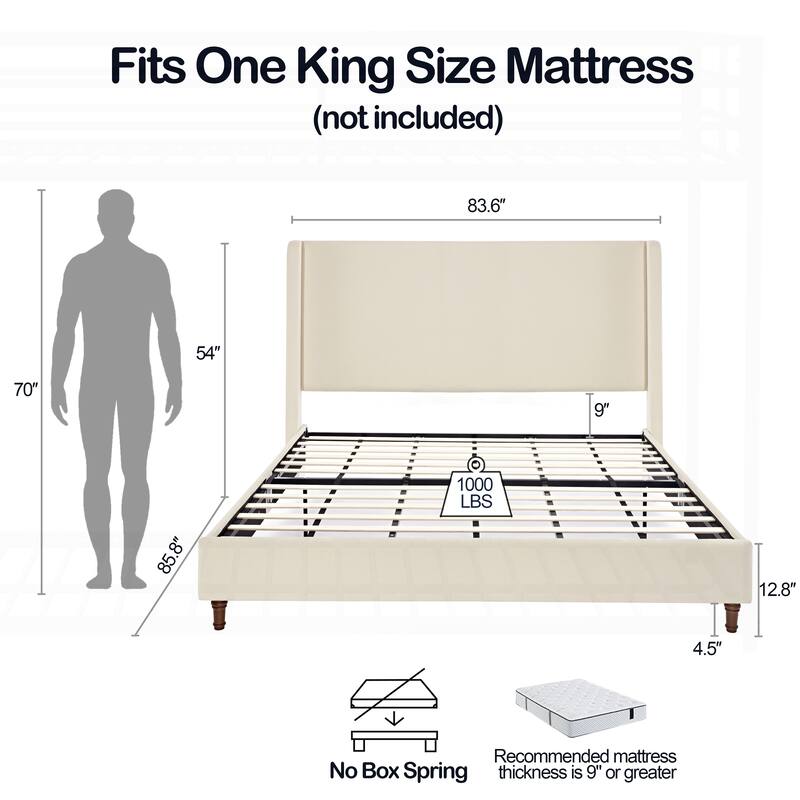Elegant Upholstered Bed with Wingbacks and No Box Spring, Ideal for Relaxing
