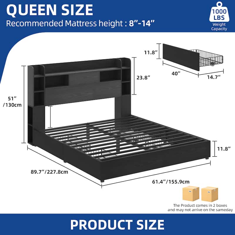 Queen/King Size LED Bed Frame with Bookcase Headboard, 4 Storage Drawers and Charging Station
