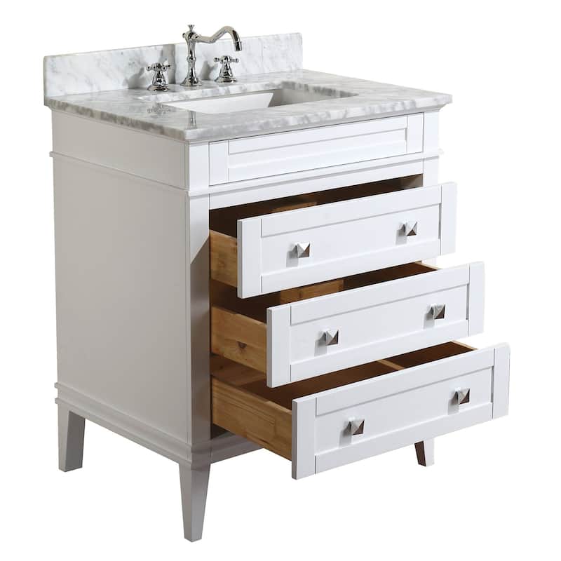 KitchenBathCollection Eleanor 30" Bathroom Vanity with Carrara Marble Top - White
