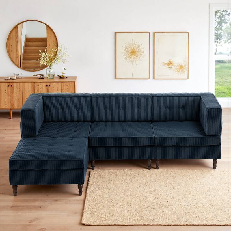 98" W Corduroy Modular Sectional Sofa with Storage Ottoman - Navy
