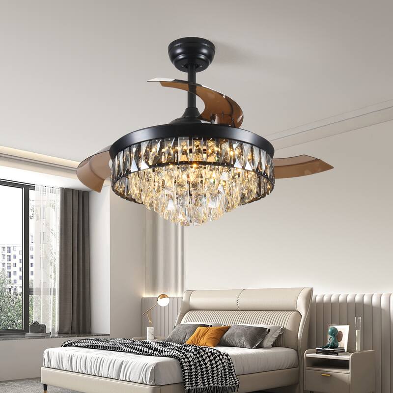42" Invisible Ceiling Fan Chandelier Light, Crystal Ceiling Fan Light with Remote Control and 3 Retractable Blades