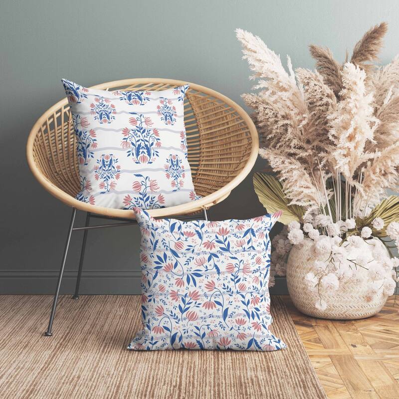 Sophisticated Floral Indoor/Outdoor Reversible Throw Pillow Blue and Pink