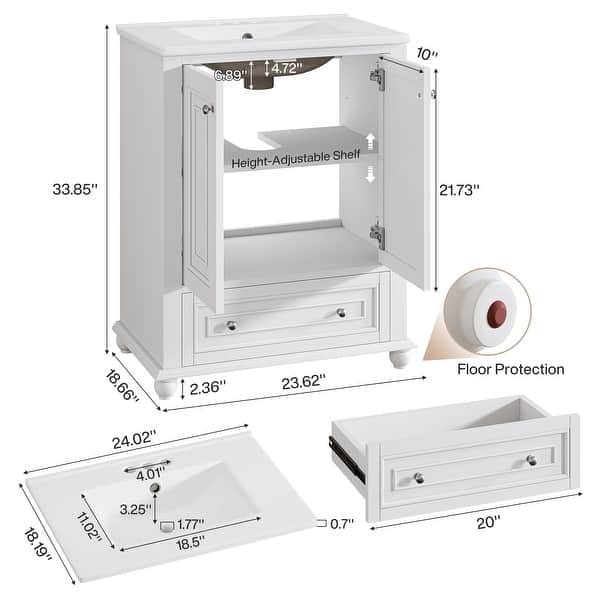 dimension image slide 1 of 2, 24 Inch Solid Rubberwood Bathroom Vanity with Integrated Ceramic Sink & Soft-Close Hinges - 24"