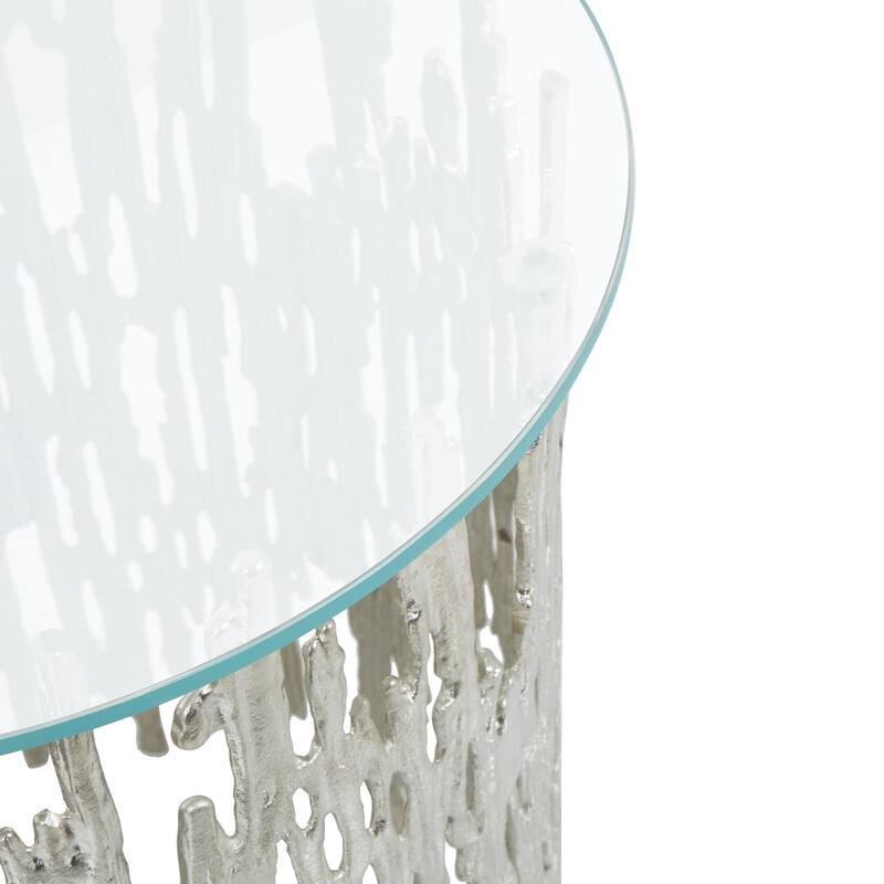 Aluminum Metal Abstract Metallic Cutout Side End Accent Table with Glass Tabletop - Silver - Roche River Decor