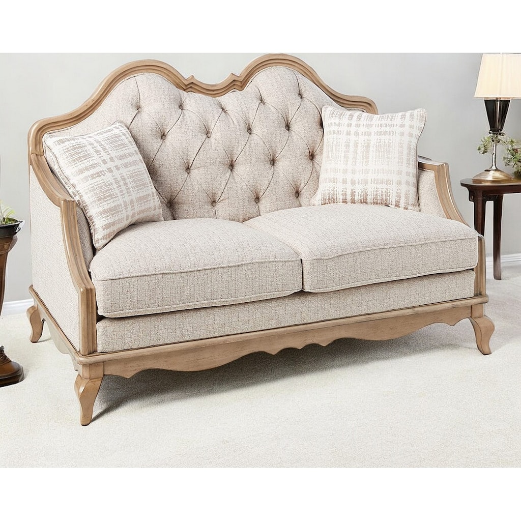 HomeRoots 62" Beige And Brown Linen Loveseat and Toss Pillows