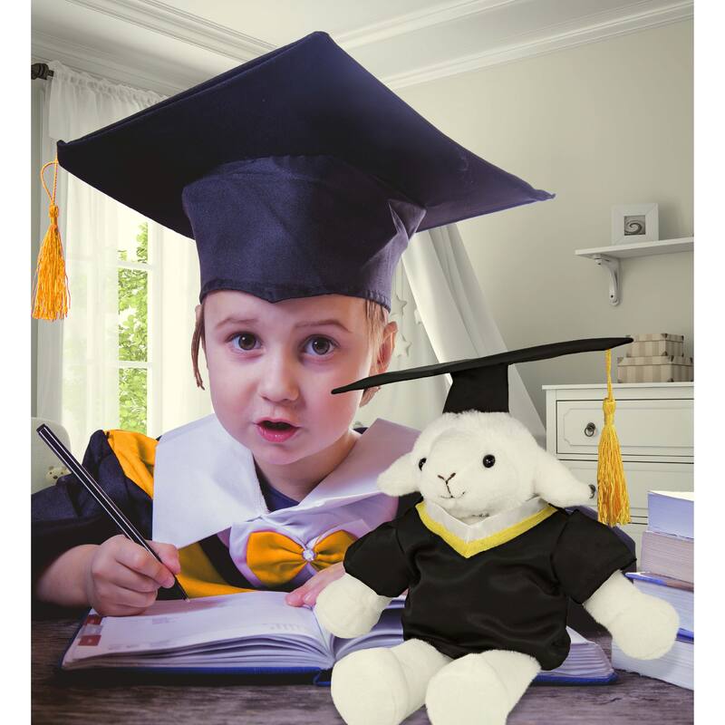 DolliBu Long Leg Lamb Graduation Plush Toy with Gown and Cap w/ Tassel - 10.5 inches