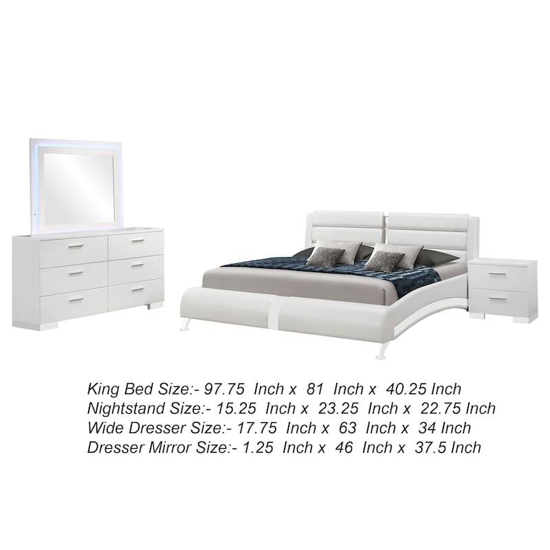 Zor 4pc King Size Bedroom Set, White Faux Leather and LED Mirror