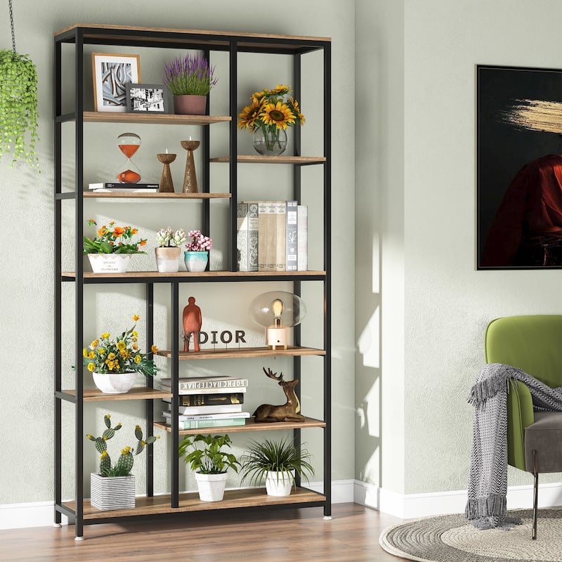 Staggered Bookcase Open Book Shelves Wood Etagere Display Shelf for Living Room