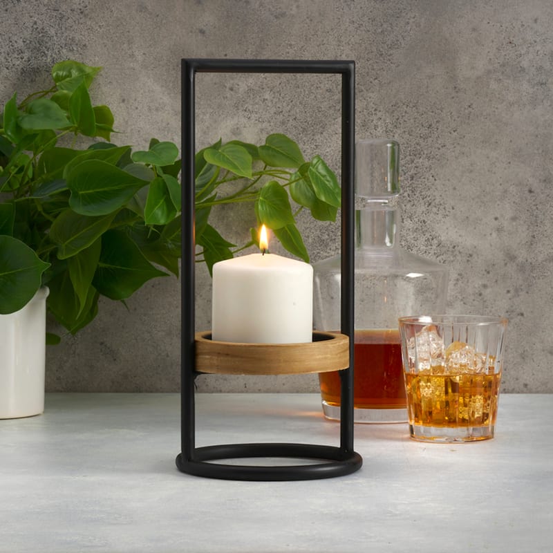 Elements Metal and Wood Tea Light Holder, 12 Inch