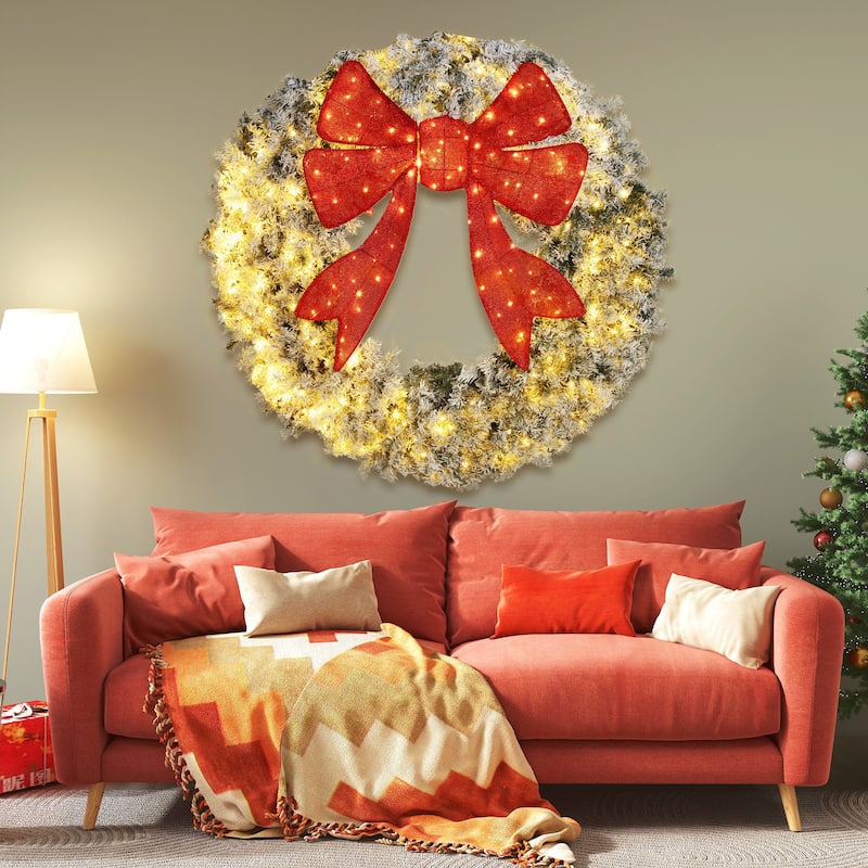 HOMCOM 60in Pre-Lit Flocked Wreath: 300 LED, 11 Modes, Remote, 3D Bow, 996 Tips, Indoor/Outdoor
