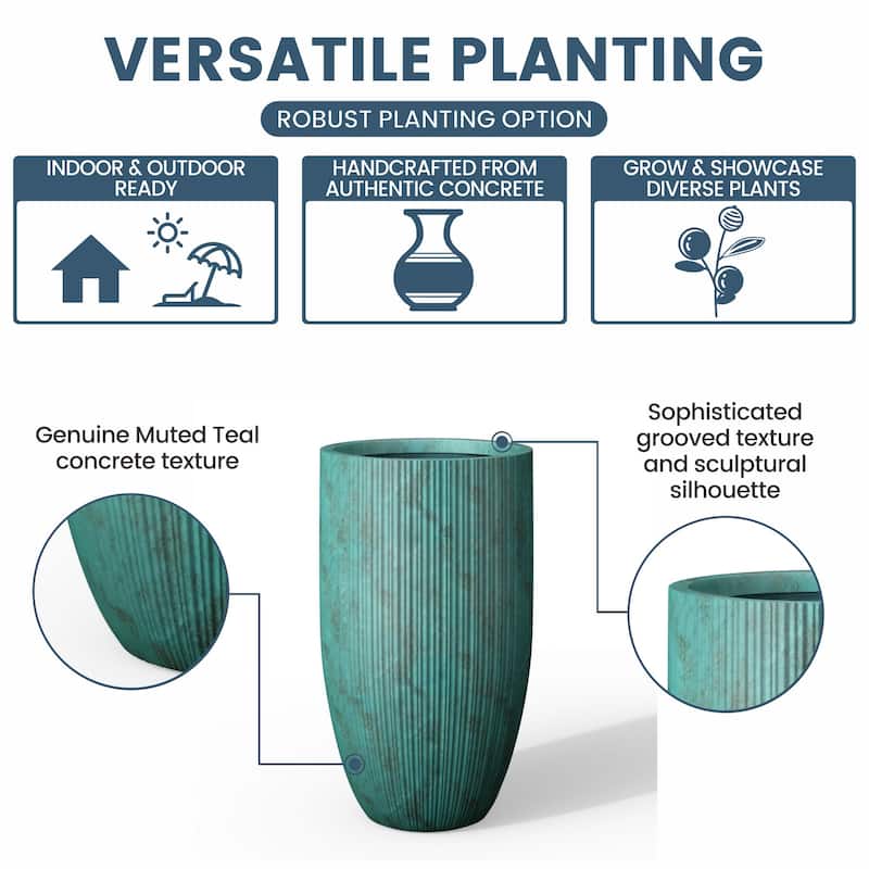 Textured Granite Gray Tall Concrete Round Plant Pots / Large Indoor and Outdoor flower Planters (13.5 Inch x 24.5 Inch)