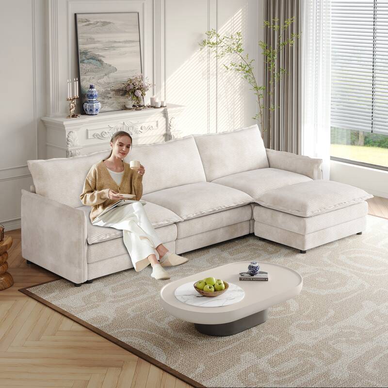 109" Corduroy 3-Seater Cloud Sectional Sofa with Movable Ottoman