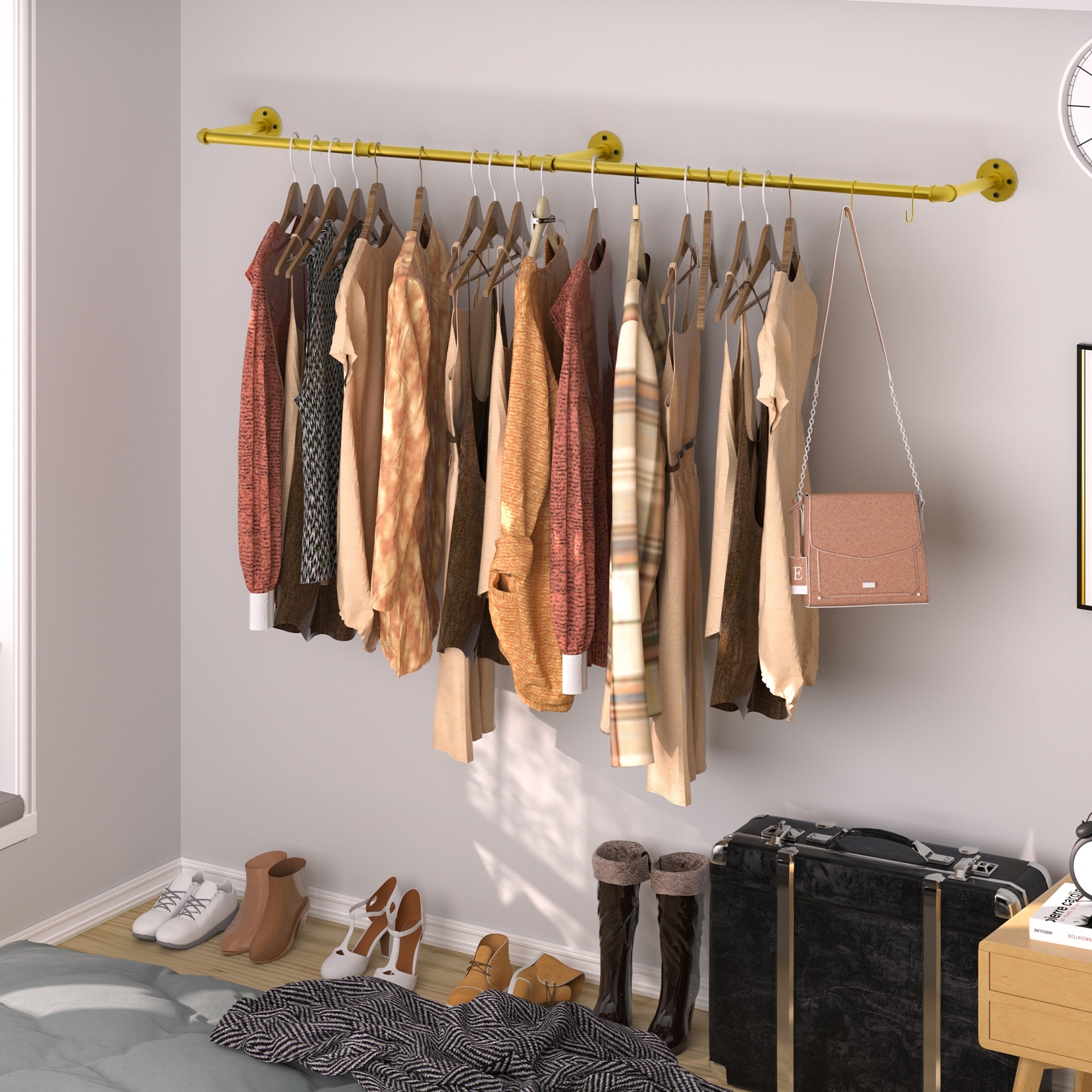 70.87" Long Industrial Pipe Clothes Rack Wall Mounted Hanging Rail