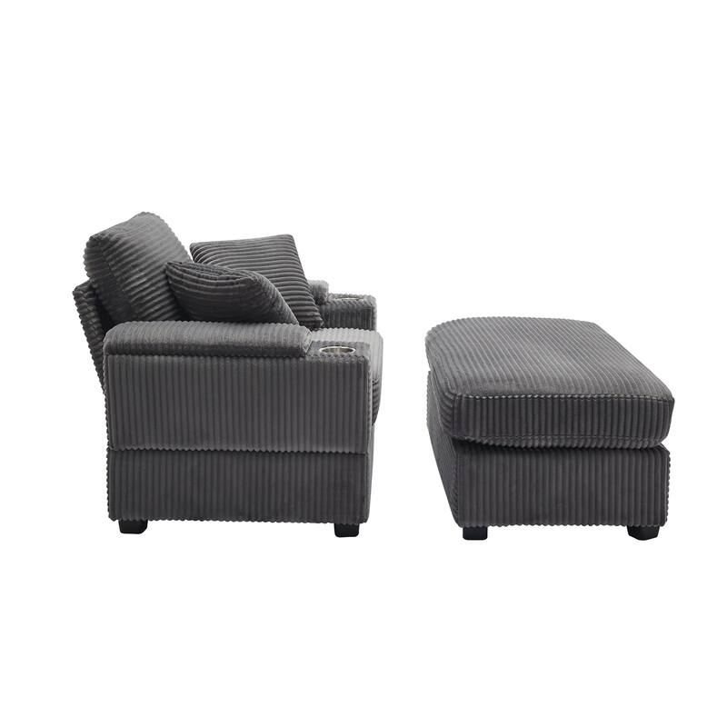 Corduroy Upholstered Chaise Lounge with Movable Ottoman, Living Room Storage Sofa Chair with Cup Holder, Detachable Cushions
