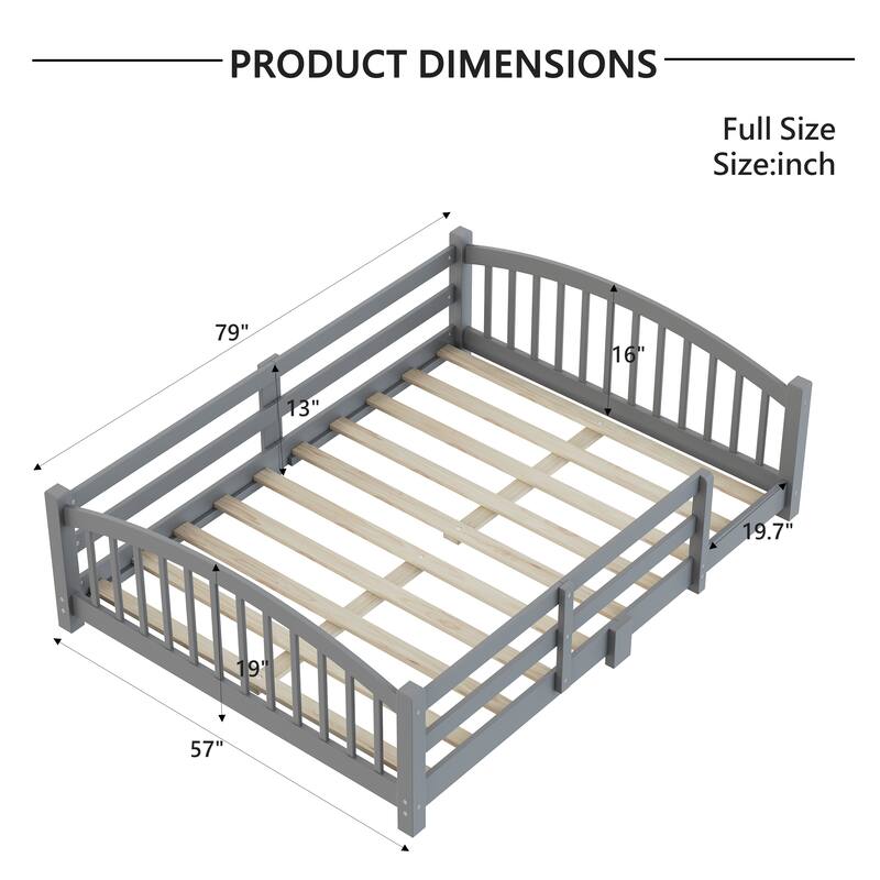 Montessori Floor Bed with Fence - Full/Twin Solid Wood, Slats & Safety Guardrails, Easy Assemble