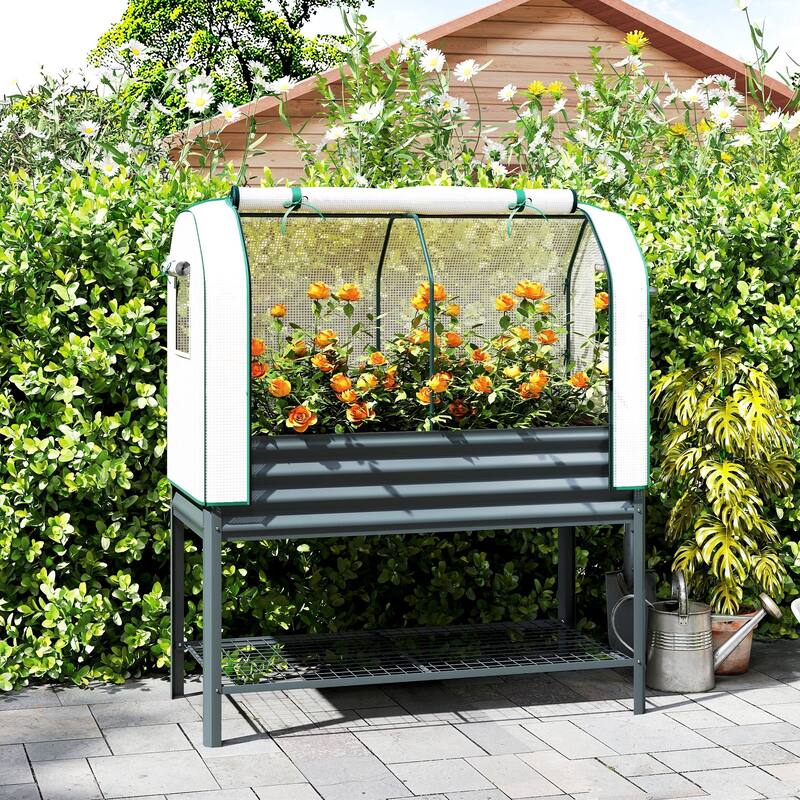 Outsunny Galvanised Raised Garden Bed with Greenhouse Cover, Metal Elevated Garden Bed with Legs, Bed Liner and Bottom Shelf - Grey
