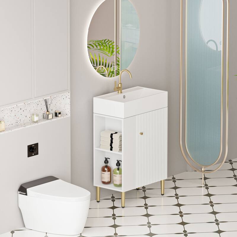 Compact White Bathroom Vanity with Ceramic Sink, Soft-Closing Cabinet, and Brushed Copper Accents for Small Spaces