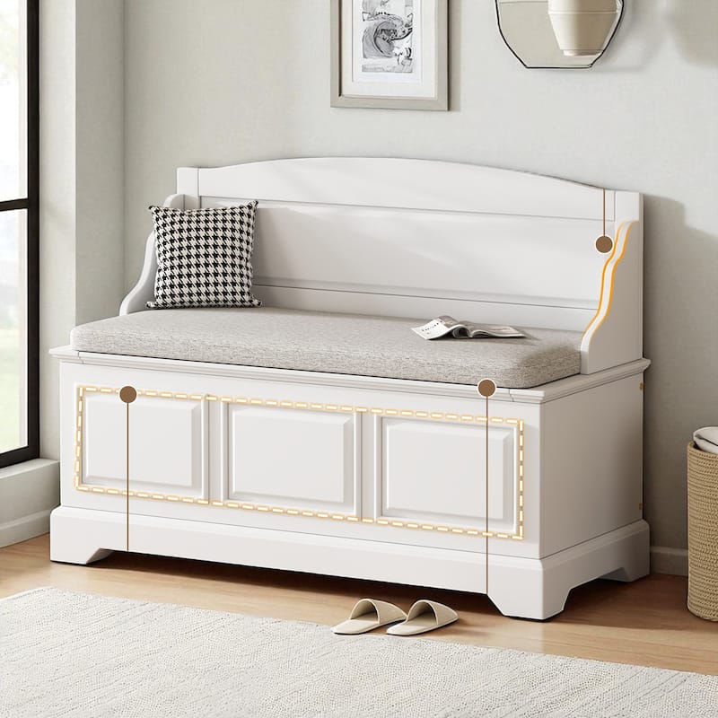 Retro Wooden Shoe Storage Bench with Linen Cushion, Safe Soft-Close Lift Top & Hidden Compartments for Entryway or Hallway