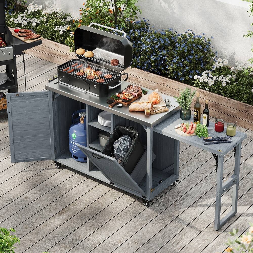 78.3" Outdoor Kitchen Island with Foldable Grill Table, Trash Can Storage & Stainless Steel Top