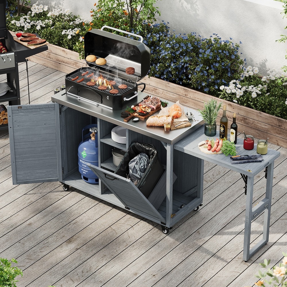 78.3" Outdoor Kitchen Island with Foldable Grill Table, Wooden Cart with Trash Storage & Stainless Steel Top for Lawn & Garden