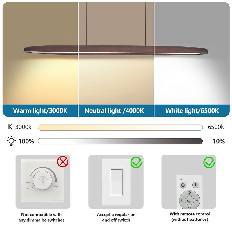 39-inch Streamline Wooden LED Pendant Light with Remote Control, Adjustable Hanging Light for Dining Room, Kitchen - Walnut