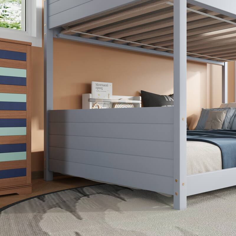 Twin Over Twin House Floor Bunk Bed with Headboards, Footboards, Guardrails, Ladder, Grey