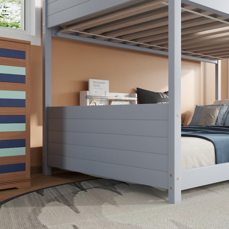 Twin Over Twin House Floor Bunk Bed with Headboards, Footboards and Guardrails, Ladder, Bunk Bed with Safety Guardrails