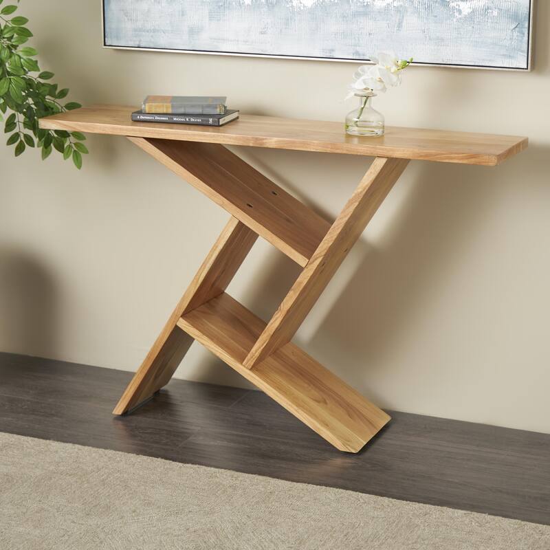 Wood Geometric Console Table with Rectangular Patterned Legs - Brown - Roche River Decor - 12"W x 48"L x 32"H