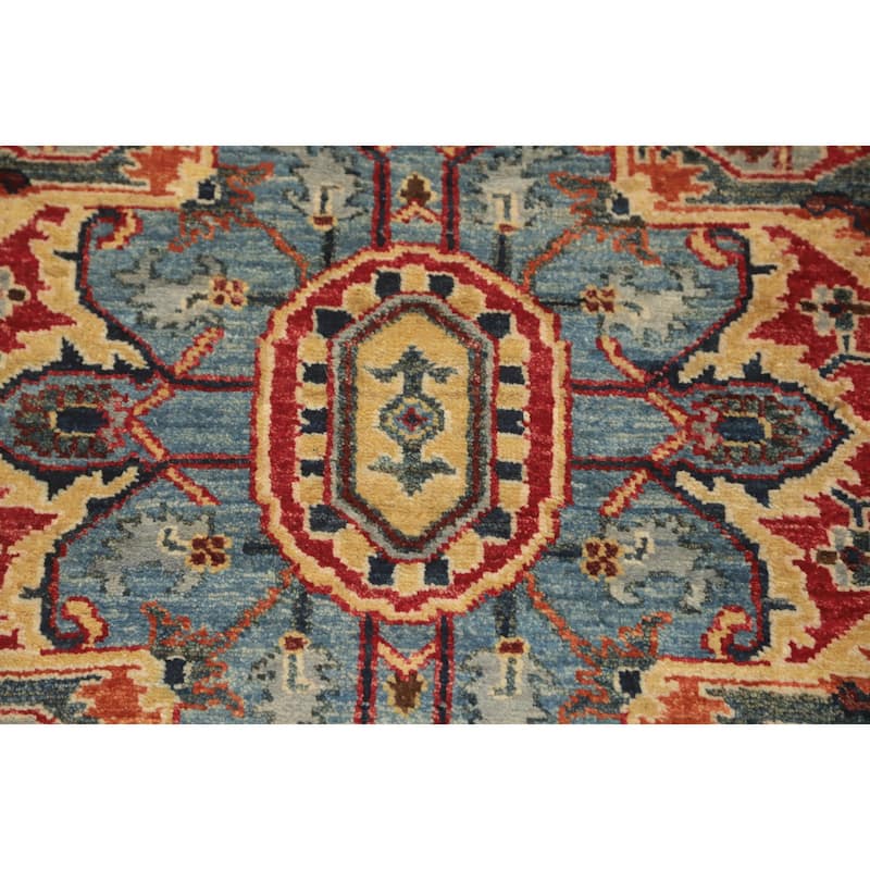 Hand Knotted Oriental 100% Wool Carpet Traditional Geometric Navy Blue & Blues Heriz (serapi) Runner Rug - 14' 8'' X 3' 3''