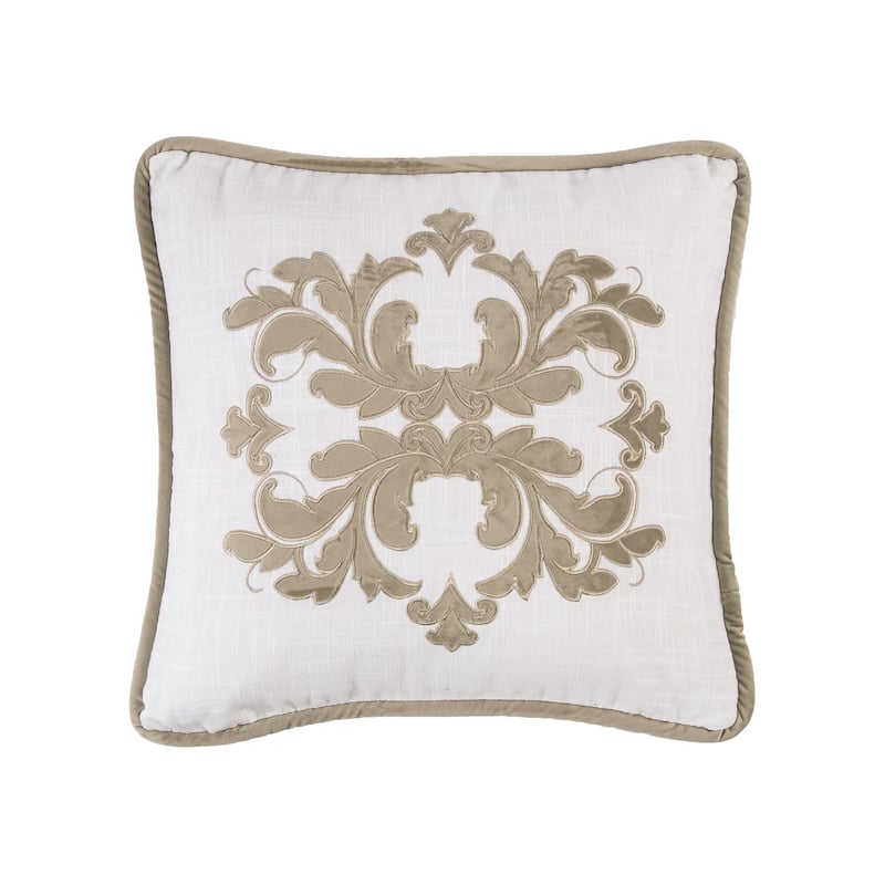 HiEnd Accents Madison Velvet Embroidered White Square Pillow, 18" x 18", 1PC - Oatmeal