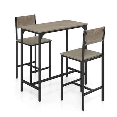 3 Pcs Bar Table Set with Chairs Backrest Footrest for Small Dining Space - 35.5" x 18" x 35"