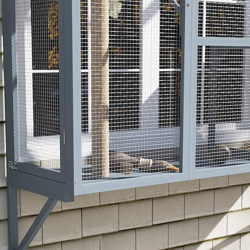 PawHut Outdoor Catio, Cat Window Catio Box Enclosure for 2-3 Large Indoor Cats with 2 Jumping Platforms, Scratching Post