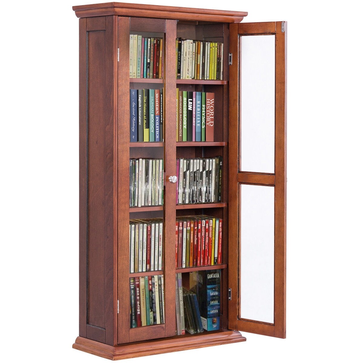 Costway 44 5 Wood Media Storage Cabinet Cd Dvd Shelves Tower Glass Doors Walnut