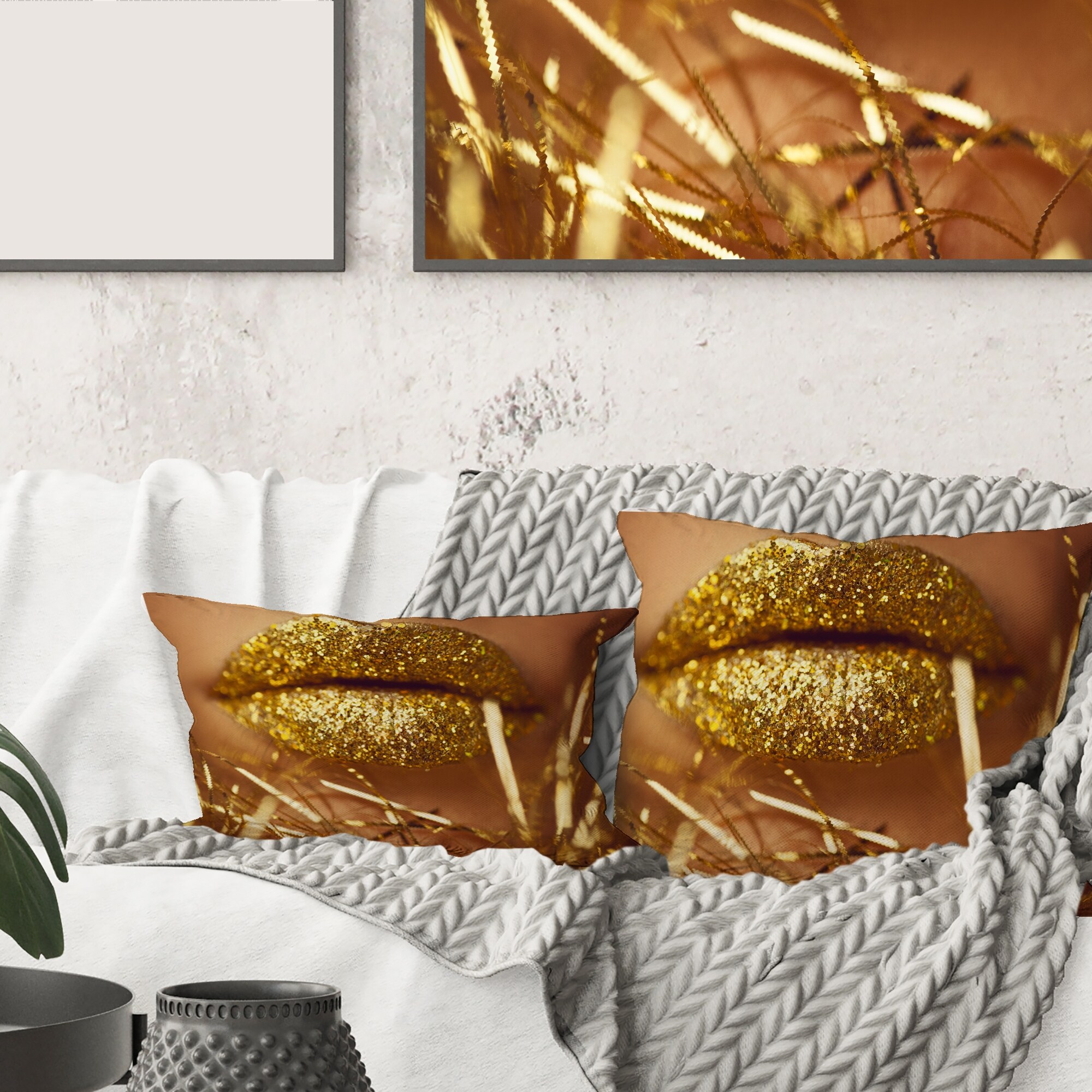Designart Golden Woman Lips Modern Printed Throw Pillow