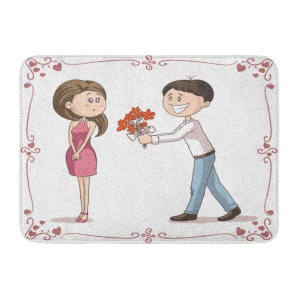 Shop Man Brings Flowers To Shy Woman Cartoonvector Of Boyfriend Bouquet For His Doormat Floor Rug Bath Mat 23 6x15 7 Inch Multi Overstock