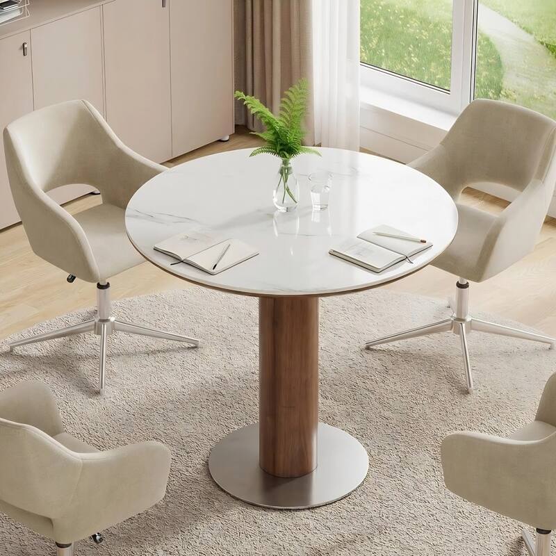 31.5 Inch Round Conference Table for 2-4, Office Meeting Table with Thicken Sintered Stone Tabletop - 31.5" Dia. x 29.53" H