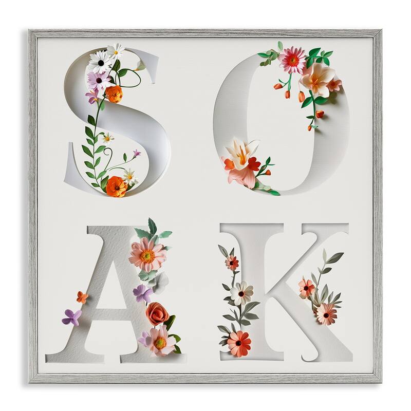 Stupell Floral Bathroom Soak Letters Framed Giclee Art Design By Susan Arnot - 12 x 12 - Grey