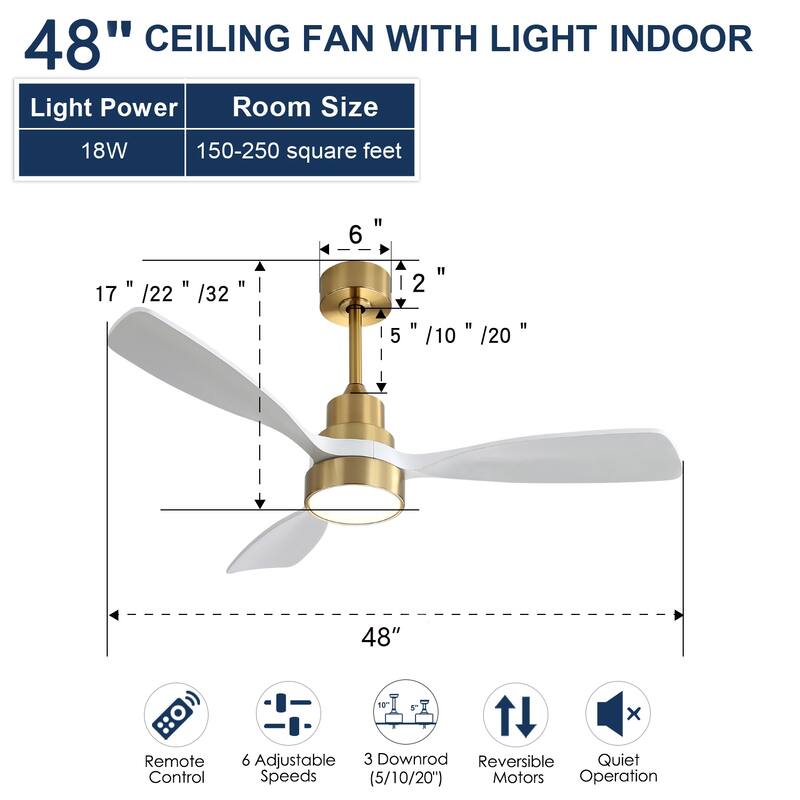Anmytek 48 Inch Wood Ceiling Fan Reversible DC Motor Remote Control Solid Wood Blades - 48 Inch