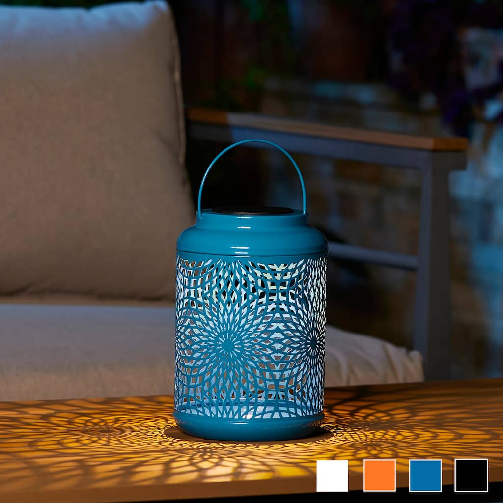 Glitzhome 8.75"H Outdoor Waterproof Metal Solar Hanging Lantern with Flower Leaves Decor