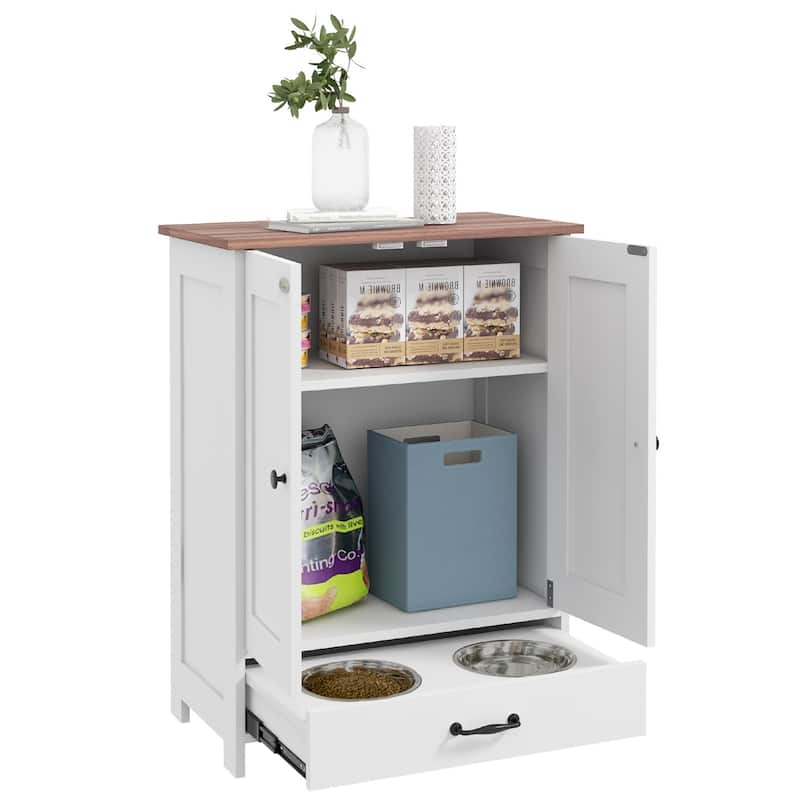 Dog Feeding Station, Dog Food Storage Cabinet with Hidden Dog Bowls, Adjustable Panel, Hooks for Medium Sized Dogs, White - White