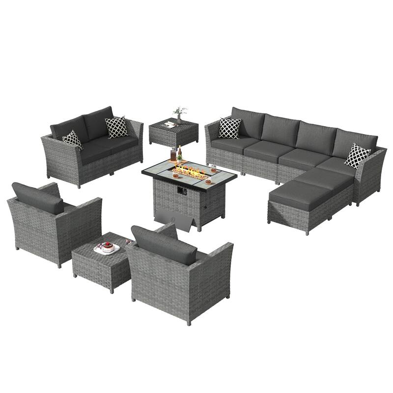 XIZZI 13-piece Patio Furniture Outdoor Wicker Sectional Set with Fire Pit