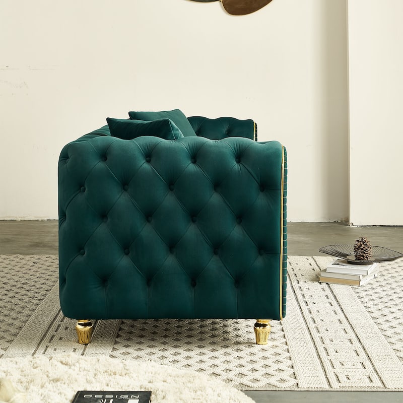 86'' Luxury Modern Tufted Green Velvet Sofa with 2 Toss Pillows