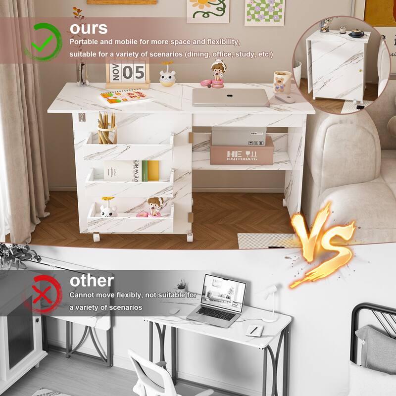 White 4-in-1 Foldable Sewing Table with Storage Shelves and Lockable Wheels Reinforced Steel Hinges