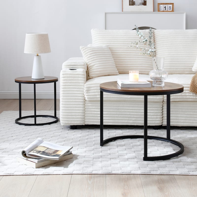 Modern Round Coffee Table with Wood Top and Sturdy Metal Frame (Set of 2)