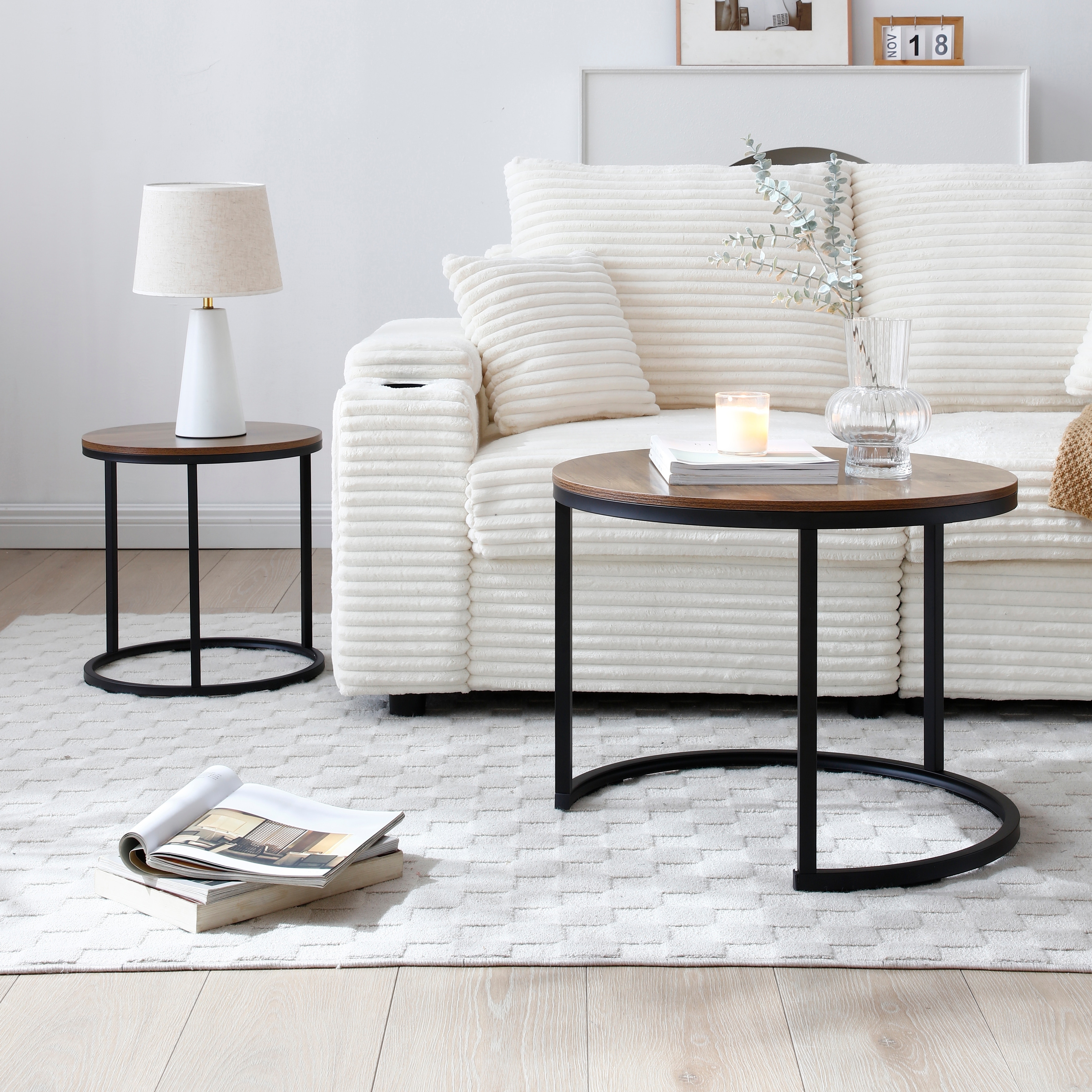 Round Coffee Table Nesting Table with Metal Legs, Side Table Walnut End Table Sofa Table Accent Table