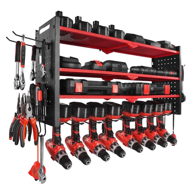 4-Tier Wall Mounted Tool Rack with 8 Drill Slots and Adjustable Shelf Pegboard Organizer - 32.87” x 8.66” x 16.54”