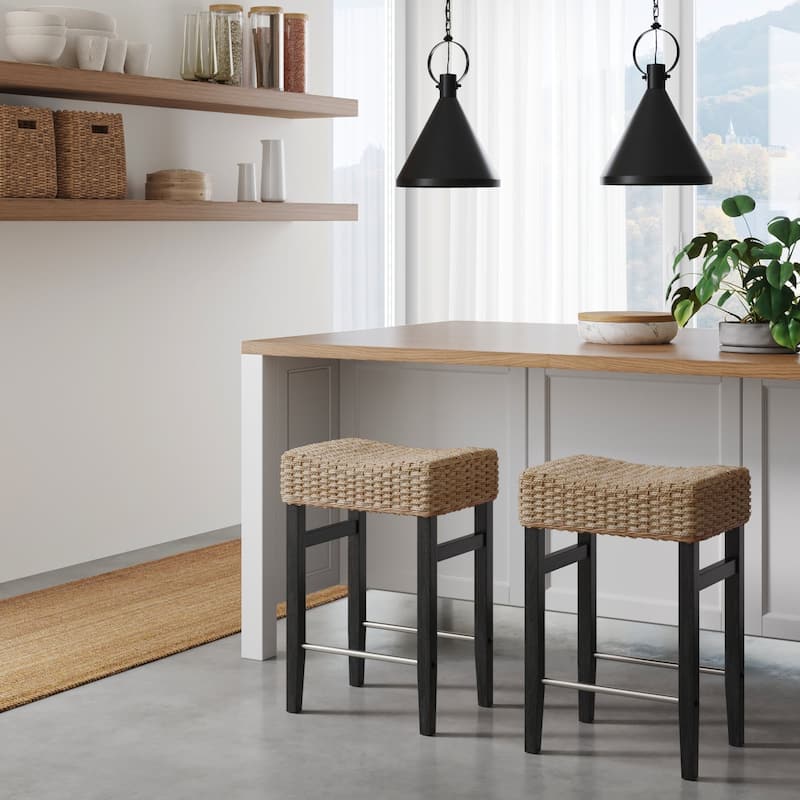 Harvey Rattan Bar Stool, Bohemian Counter Height Stool with Woven Seagrass Seat, Solid Wood Legs, and Metal Footrest