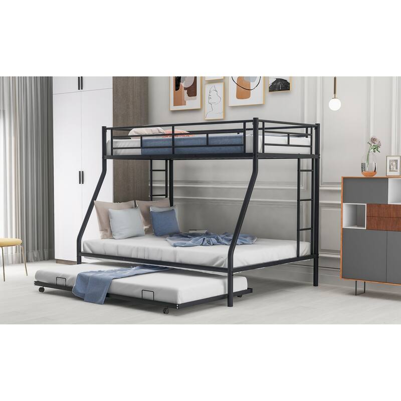 Steel Twin over Full Bunk Bed with Trundle and Two-Side Ladders, Black