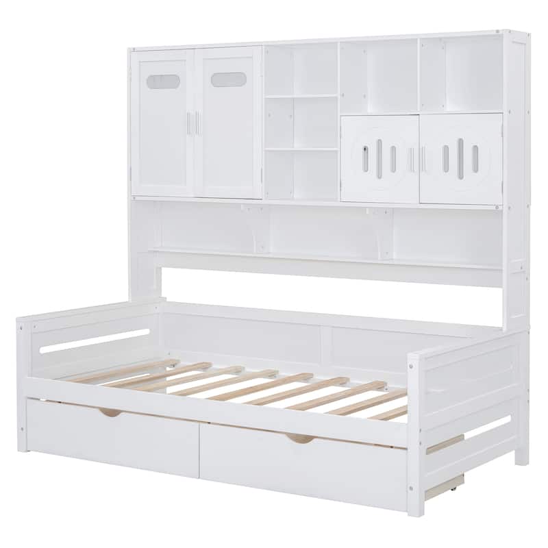 Twin Size Daybed with Bookcase Headboard and Shelves, Wooden Platform Bed Frame with 2 Drawers and All-in-One Storage Cabinet
